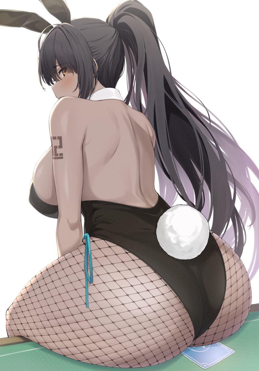 1girl, animal_ears, ao_(aokisora_ao), arm_between_legs, arm_tattoo, ass, ass_focus, back