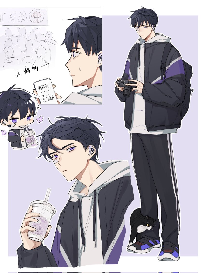 1boy, animal, backpack, bag, black_bag, black_hair, black_pants, blue_eyes, bubble_tea, camera, cat, cellphone, closed_mouth, commentary, cup, disposable_cup, drawstring, drinking_straw, full_body, hashtag-only_commentary, highres, holding, holding_camera, holding_cup, holding_phone, hood, hood_down, hoodie, iso_(valorant), jacket, layered_clothes, long_sleeves, looking_down, looking_to_the_side, male_focus, multicolored_cat, multicolored_footwear, multiple_views, open_clothes, open_jacket, pants, people, phone, sideways_glance, standing, striped_clothes, striped_pants, tuxedo_cat, uma_177, valorant, vertical-striped_clothes, vertical-striped_pants, white_hoodie