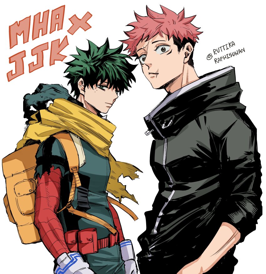 2boys, absurdres, backpack, bag, black_jacket, boku_no_hero_academia, closed_mouth, crossover