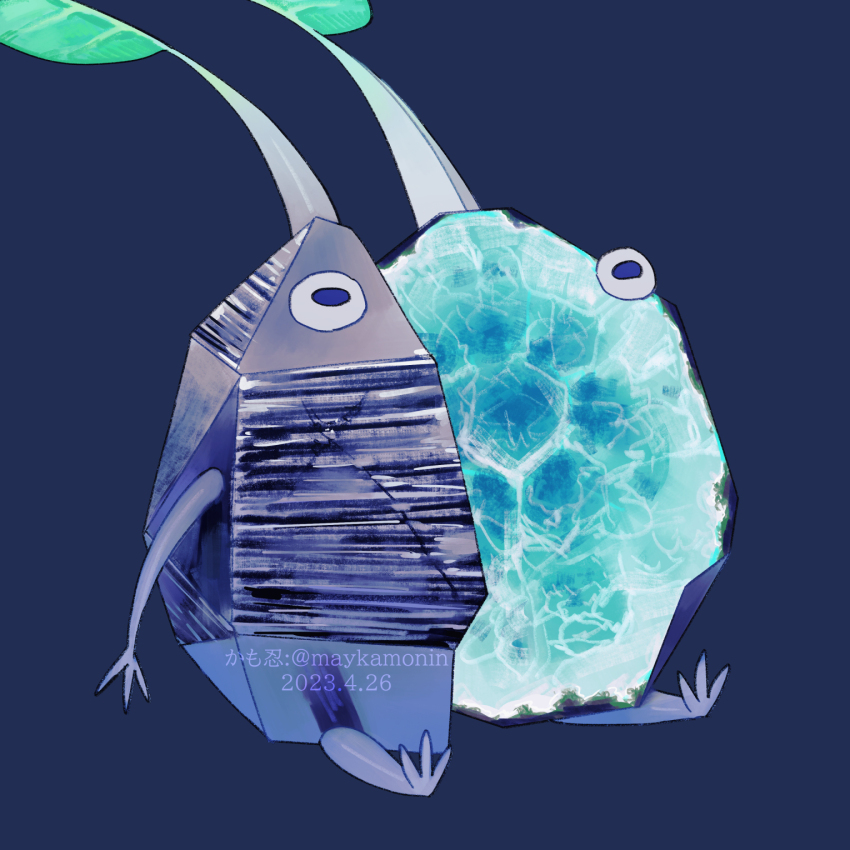 artist_name, bisected, black_eyes, black_skin, blue_background, colored_skin, commentary_request, creature