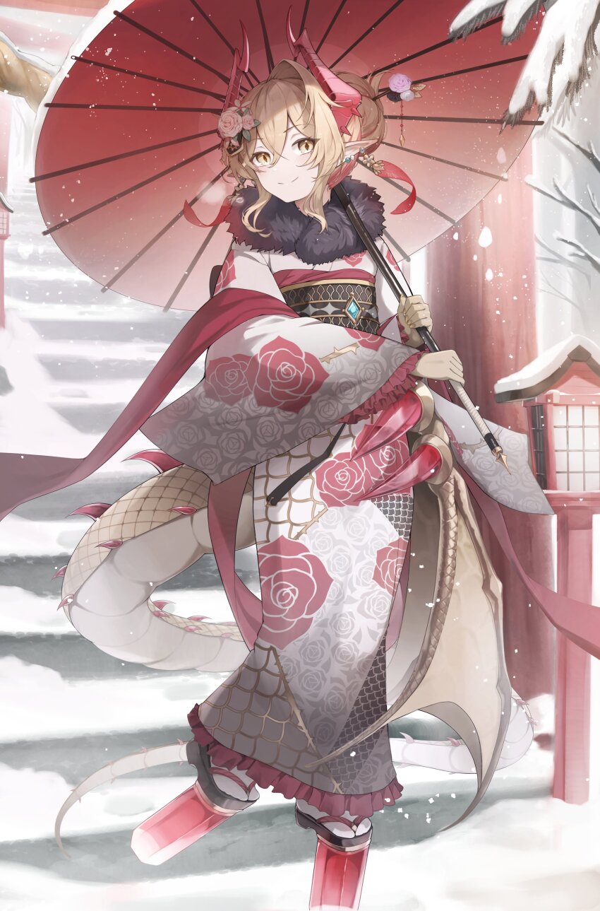 absurdres, blonde_hair, breasts, dragon_girl, dragon_horns, dragon_tail, dragon_wings, earrings