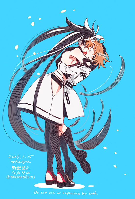 2girls, artist_name, black_footwear, black_hair, blue_background, boots, commentary_request, dated, dress, fate/grand_order, fate_(series), from_side, fujimaru_ritsuka_(female), fujimaru_ritsuka_(female)_(decisive_battle_chaldea_uniform), full_body, hug, kanya_(asa_yake01), multicolored_hair, multiple_girls, nagao_kagetora_(fate), open_mouth, orange_hair, simple_background, streaked_hair, twitter_username, two-tone_hair, uesugi_kenshin_(first_ascension)_(fate), white_dress, white_hair, yuri