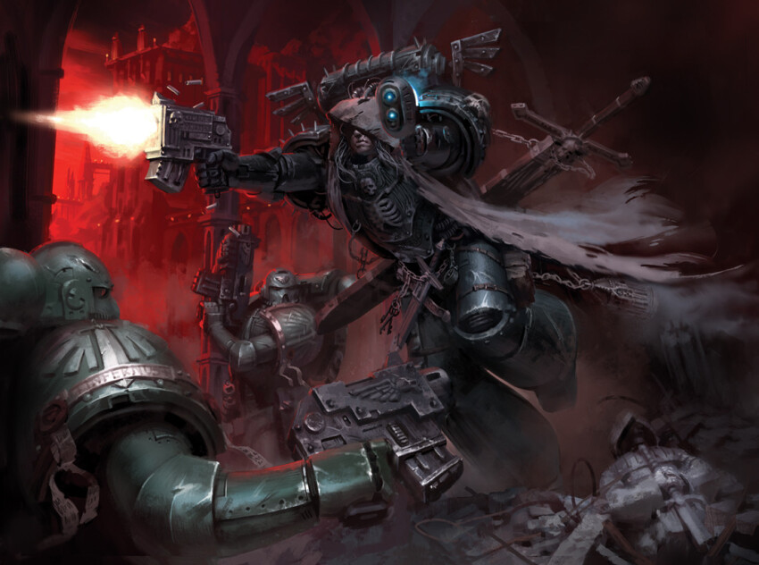 3boys, adeptus_astartes, armor, armor_writing, bag, battle, bolt_(warhammer_40k), bolter