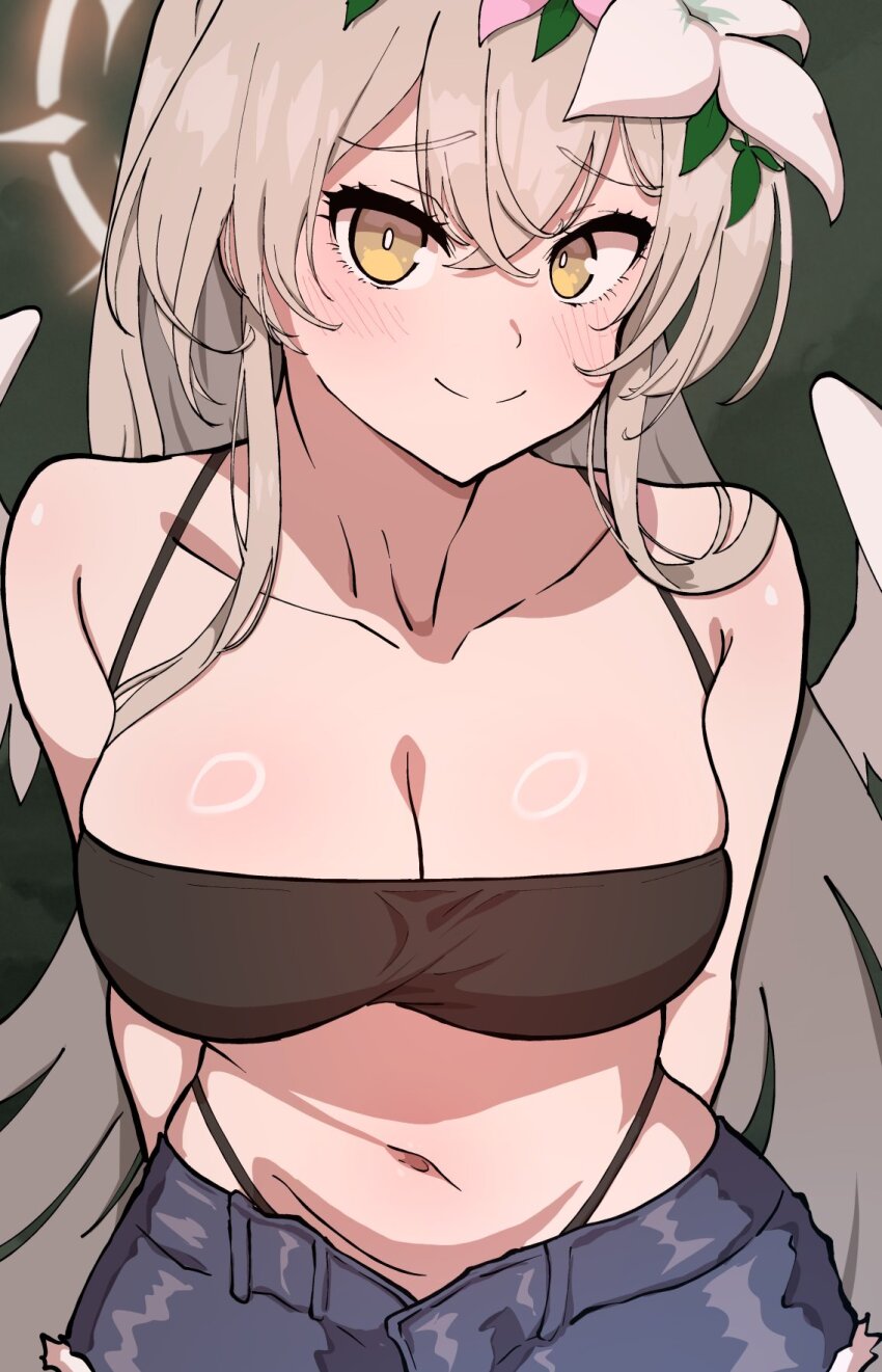 angel_wings, blonde_hair, blue_archive, breasts, cleavage, collarbone, denim, feathered_wings