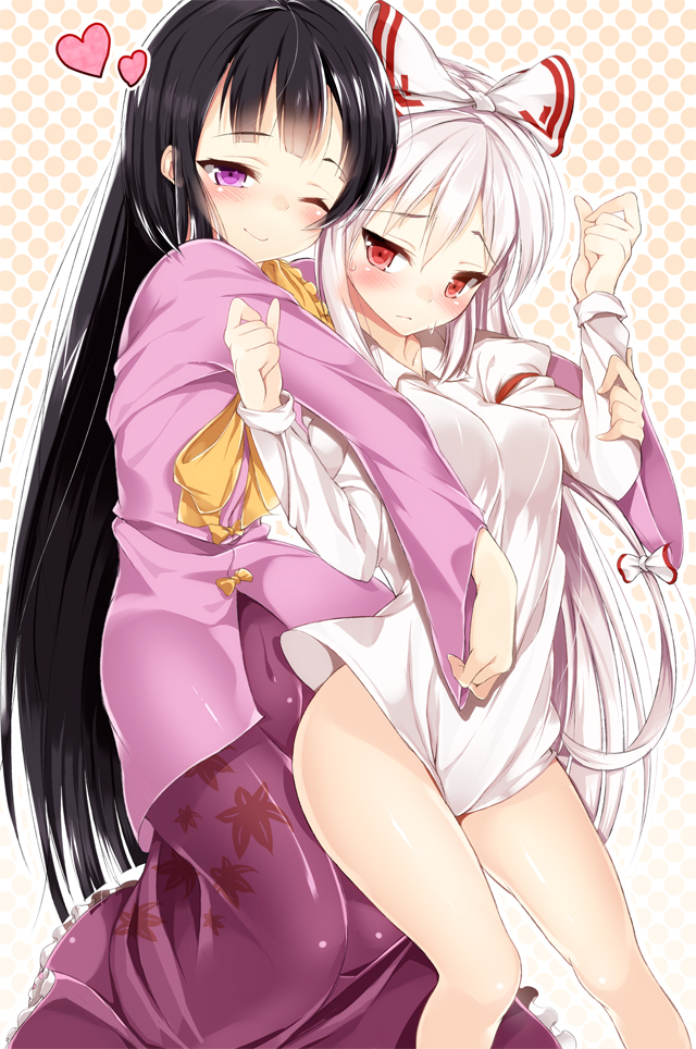 2girls, arm_grab, bad_id, bad_pixiv_id, bad_proportions, bare_legs, black_hair, blush