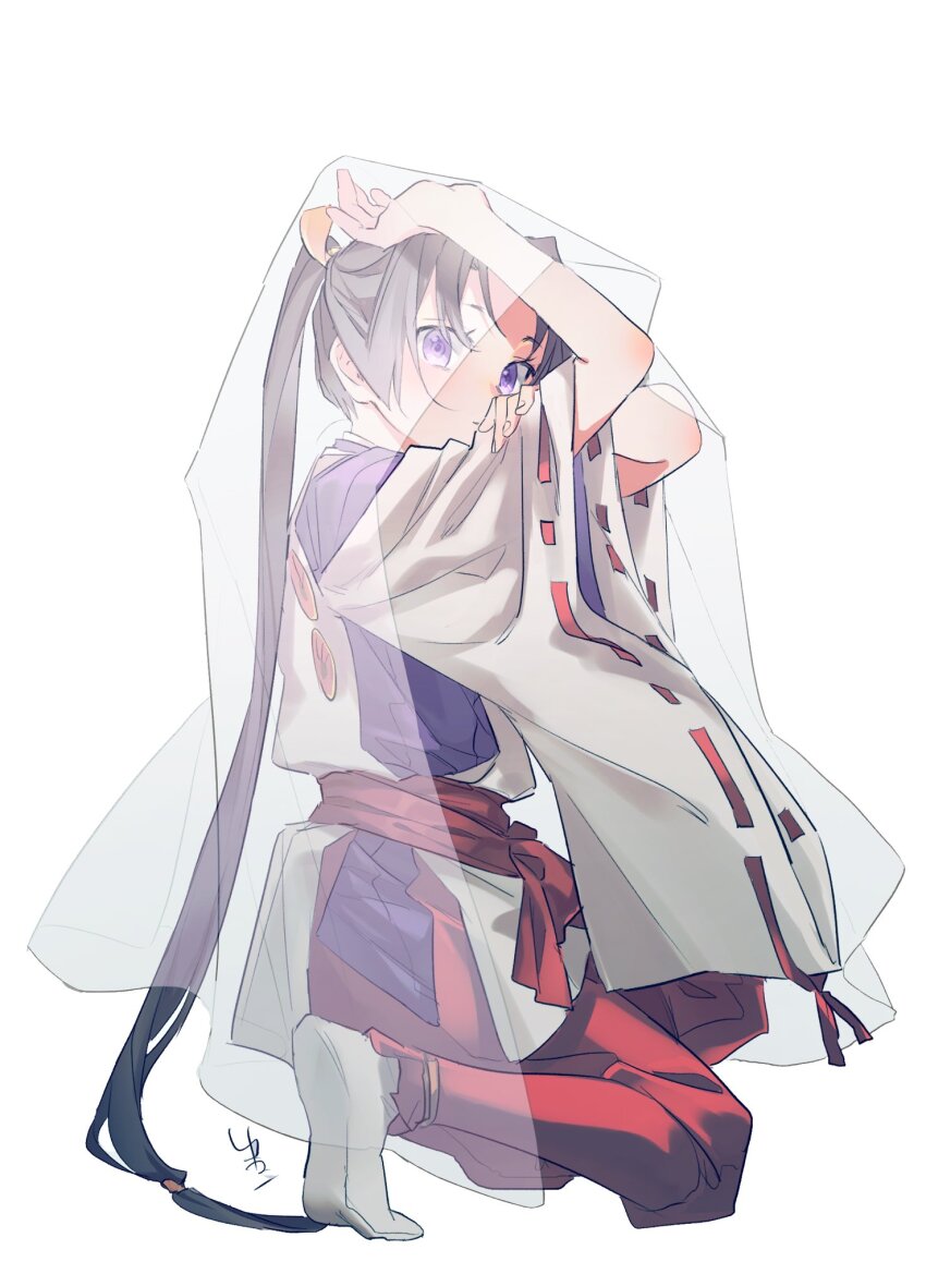 1boy, androgynous, bishounen, black_hair, from_side, full_body, hakama, hakama_pants