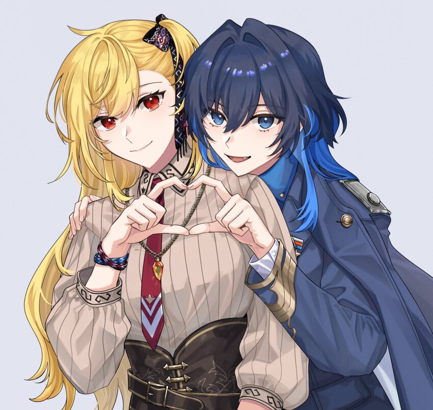 2girls, four-finger_heart_hands, belt_buckle, blonde_hair, blue_coat, blue_eyes, blue_hair, bow