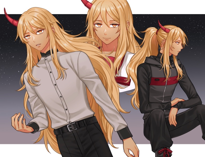 1boy, belt, black_hoodie, black_pants, blonde_hair, hoh_(tower_of_god), hood, hoodie, horns, izuru03, long_hair, long_sleeves, looking_at_viewer, male_focus, open_mouth, orange_hair, pants, ponytail, serious, shirt, shoes, sitting, smile, sneakers, tower_of_god, very_long_hair, white_shirt