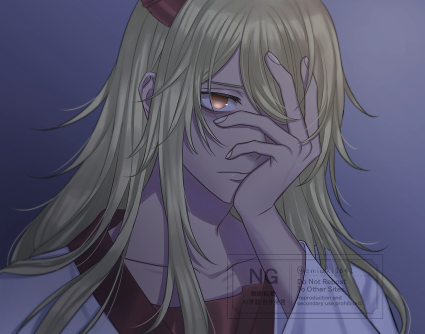 1boy, blonde_hair, closed_mouth, hand_up, hoh_(tower_of_god), horns, izuru03, long_hair, long_sleeves, male_focus, orange_eyes, serious, shirt, tower_of_god, very_long_hair, white_shirt