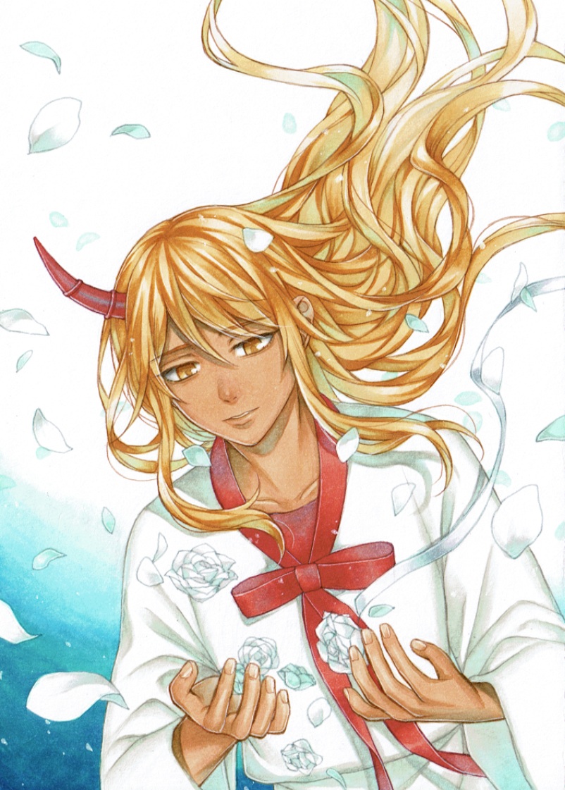 blonde_hair, closed_mouth, flower, flower_request, hands_up, hoh_(tower_of_god), horns, izuru03