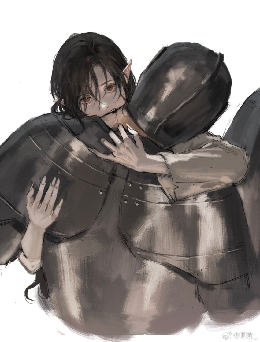 1boy, 1girl, arm_around_neck, armor, biting, black_hair, chinese_commentary, commentary_request