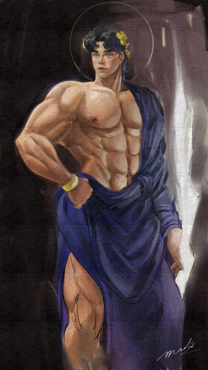1boy, abs, ancient_greek_clothes, black_hair, blue_eyes, bracelet, greco-roman_clothes, hand_on_own_hip