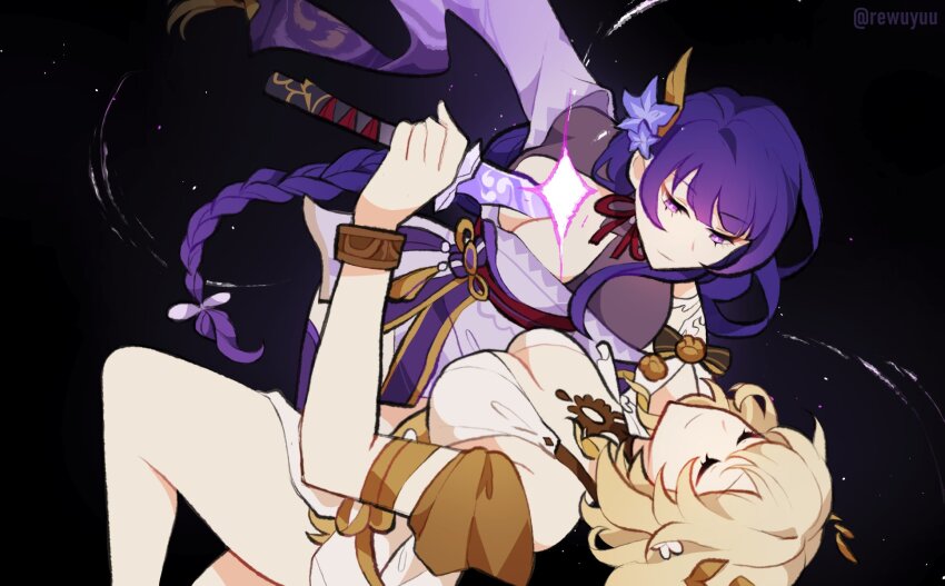 2girls, aglaea_(honkai:_star_rail), artist_name, black_background, blonde_hair, braid, breasts, cleavage