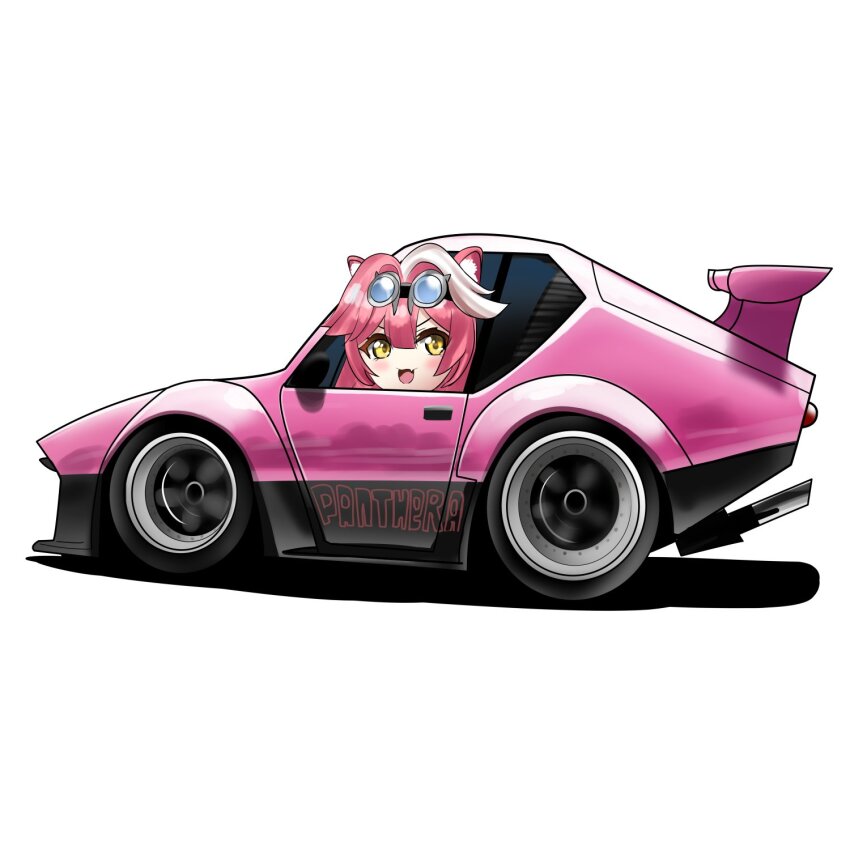 1girl, :d, animal_ears, car, chibi, chibi_only, commentary, de_tomaso_pantera, english_commentary, fang, goggles, goggles_on_head, highres, hololive, hololive_english, manziqr, motor_vehicle, name_connection, open_mouth, panther_ears, panther_girl, pink_car, pink_hair, pun, raora_panthera, raora_panthera_(1st_costume), simple_background, skin_fang, smile, solo, spoiler_(automobile), sports_car, v-shaped_eyebrows, vehicle_focus, virtual_youtuber, white_background, white_hair, yellow_eyes
