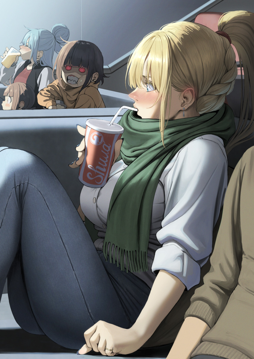 4girls, alternate_costume, aqua_(konosuba), arm_support, blonde_hair, blue_eyes, blue_hair, blue_nails