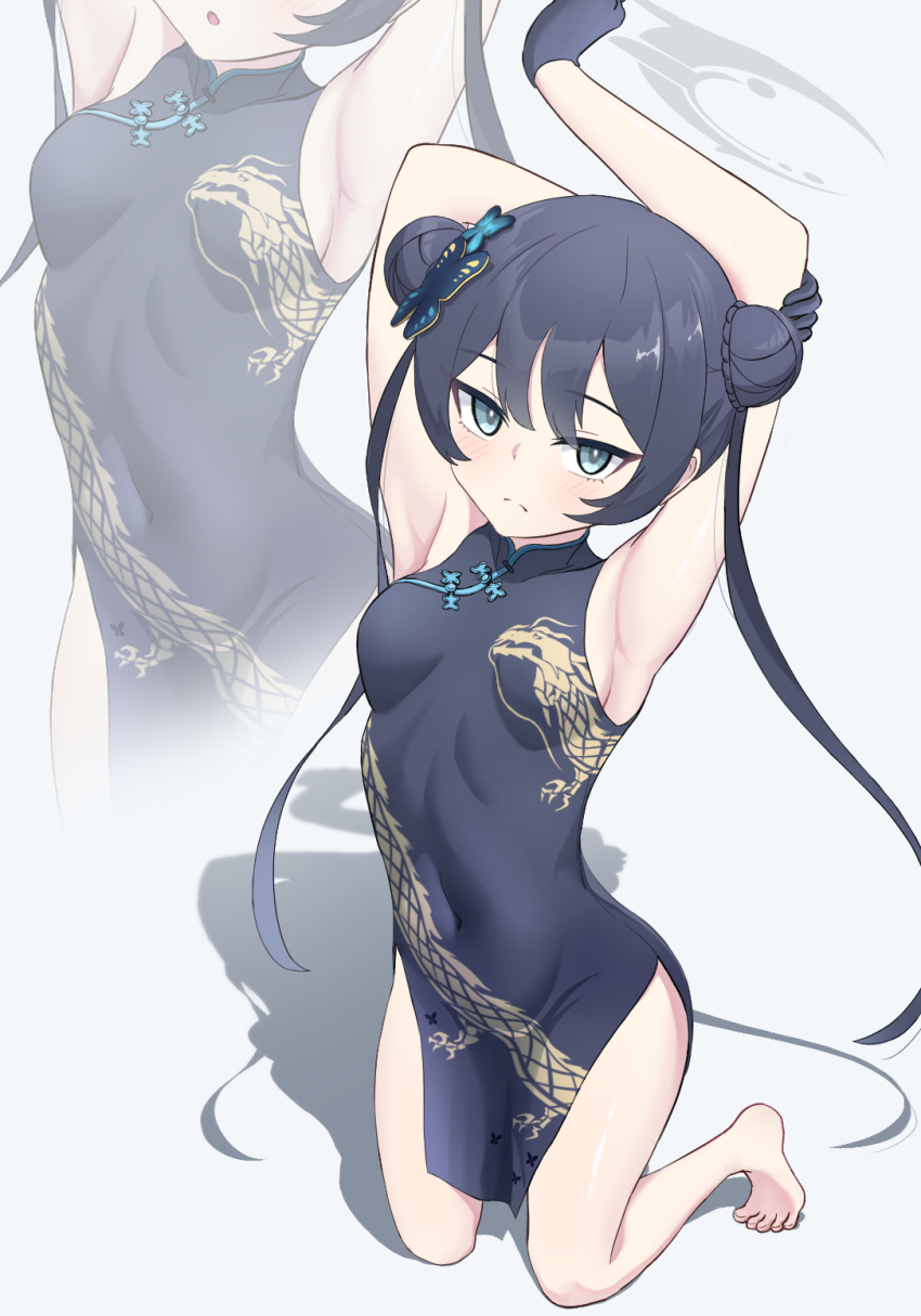 1girl, armpits, barefoot, black_gloves, black_hair, blue_archive, breasts, character_background