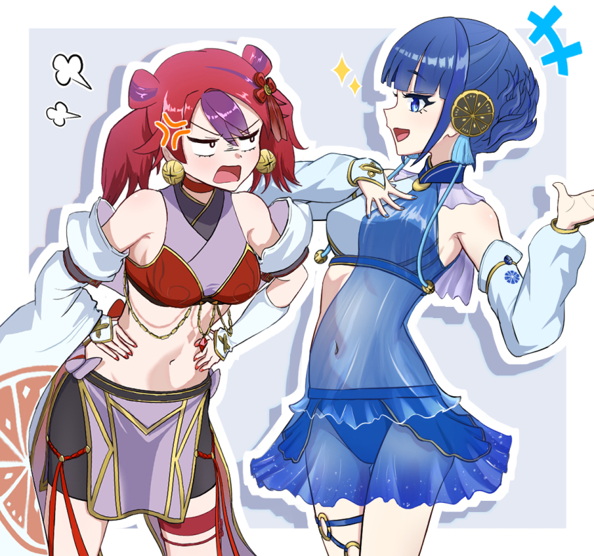 2girls, anger_vein, annoyed, blue_eyes, blue_hair, blue_panties, breasts, covered_navel