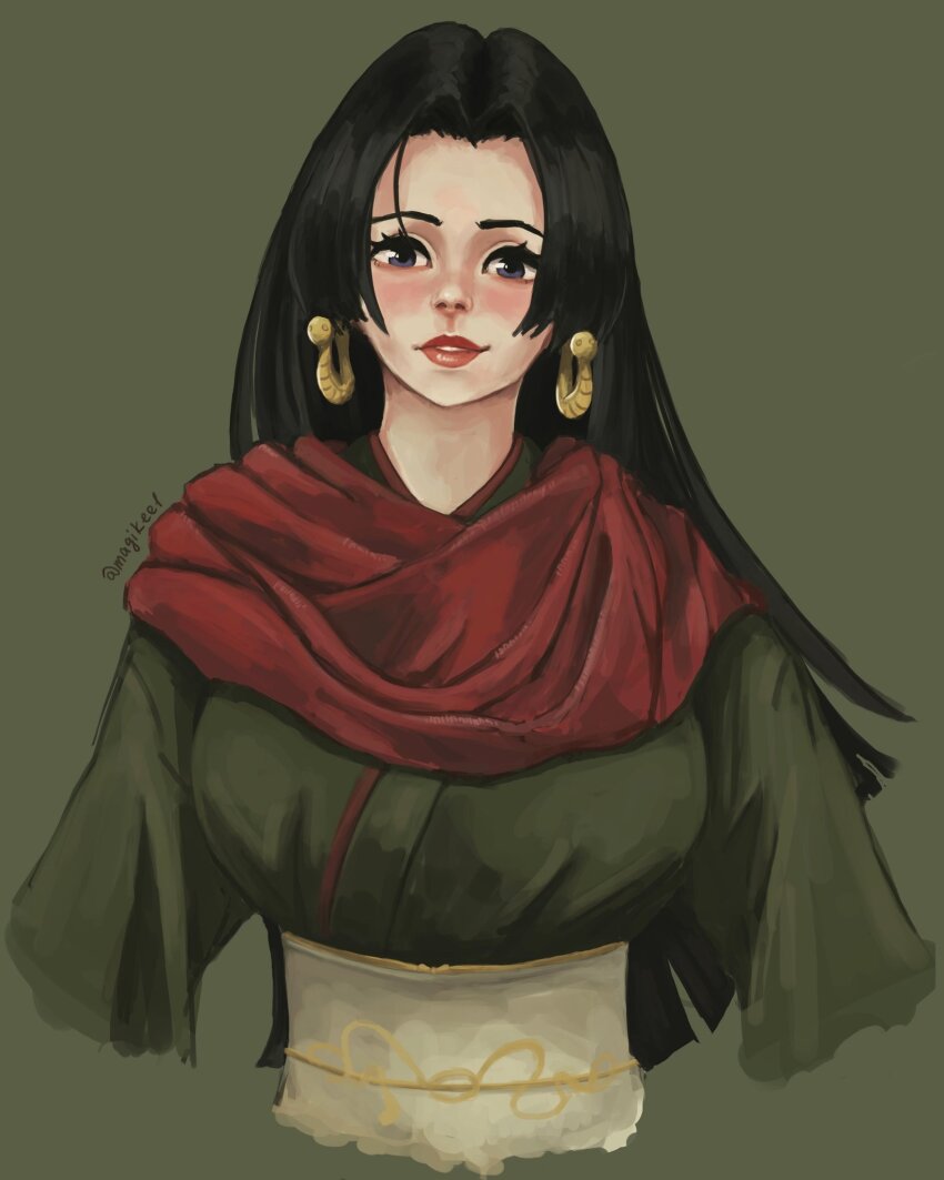 1girl, black_hair, blue_eyes, blush, boa_hancock, commentary, earrings, green_background, green_kimono, highres, japanese_clothes, jewelry, kimono, long_hair, looking_at_viewer, magikee1, obi, one_piece, red_scarf, sash, scarf, simple_background, snake_earrings, solo, twitter_username, upper_body