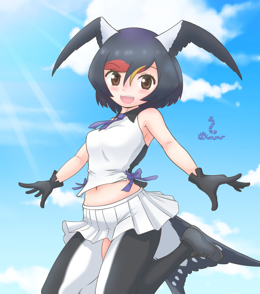 1girl, absurdres, bare_shoulders, barn_swallow_(kemono_friends), bird_girl, bird_tail, bird_wings, black_gloves