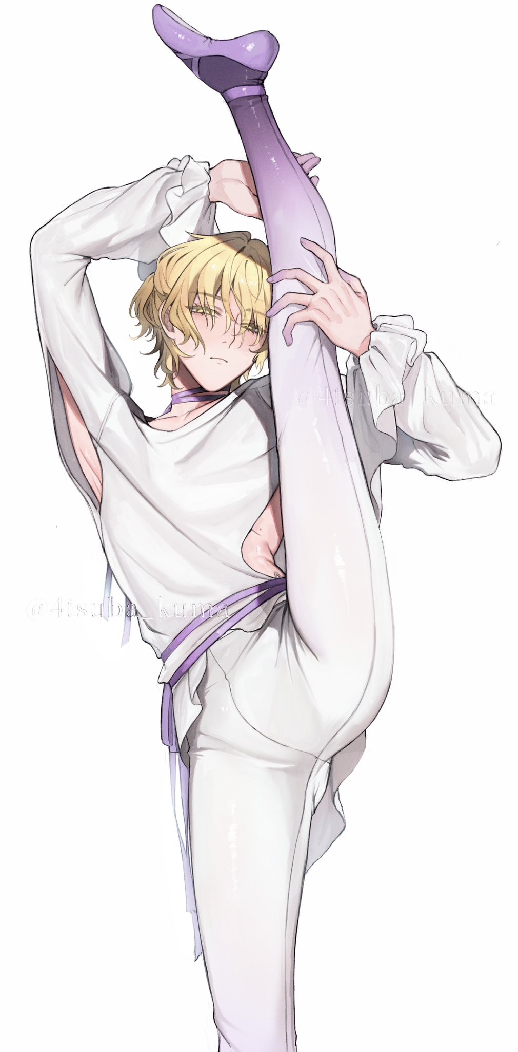 1boy, 4tsuba_kuma, alien_stage, armpit_cutout, artist_name, ballet_slippers, blonde_hair, choker