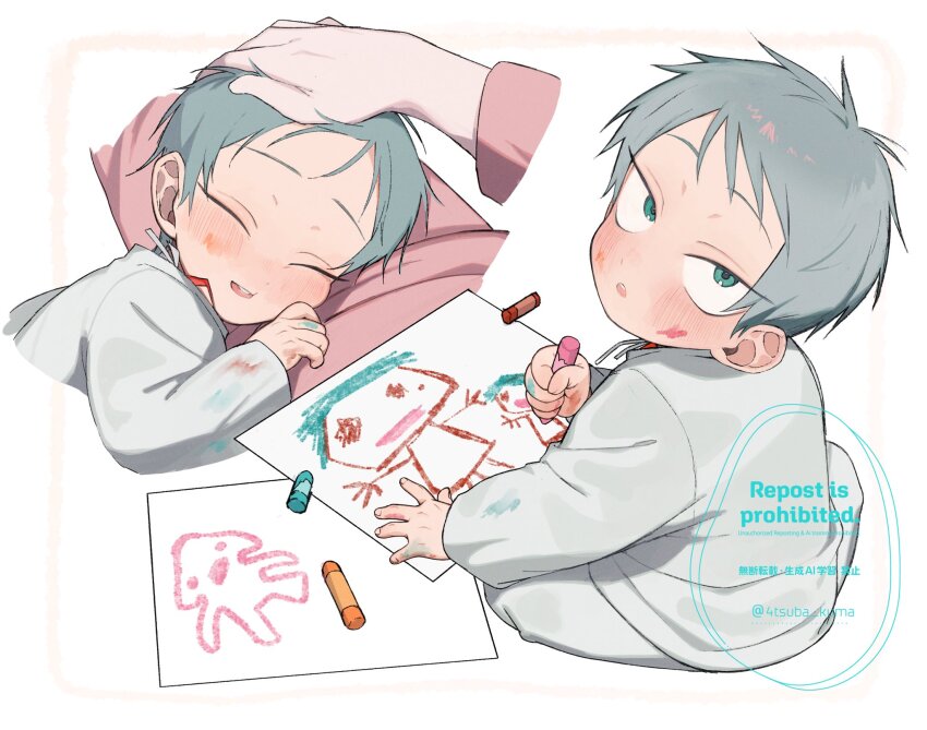 1boy, 1girl, 4tsuba_kuma, aged_down, alien_stage, commentary, crayon, drawing_(object)