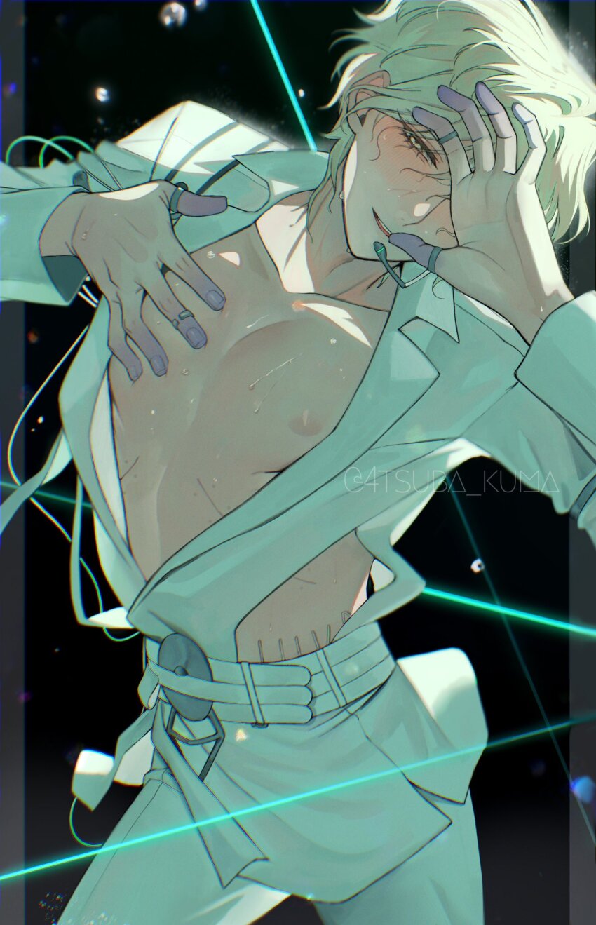 1boy, 4tsuba_kuma, alien_stage, artist_name, blonde_hair, clothing_cutout, colored_extremities, commentary