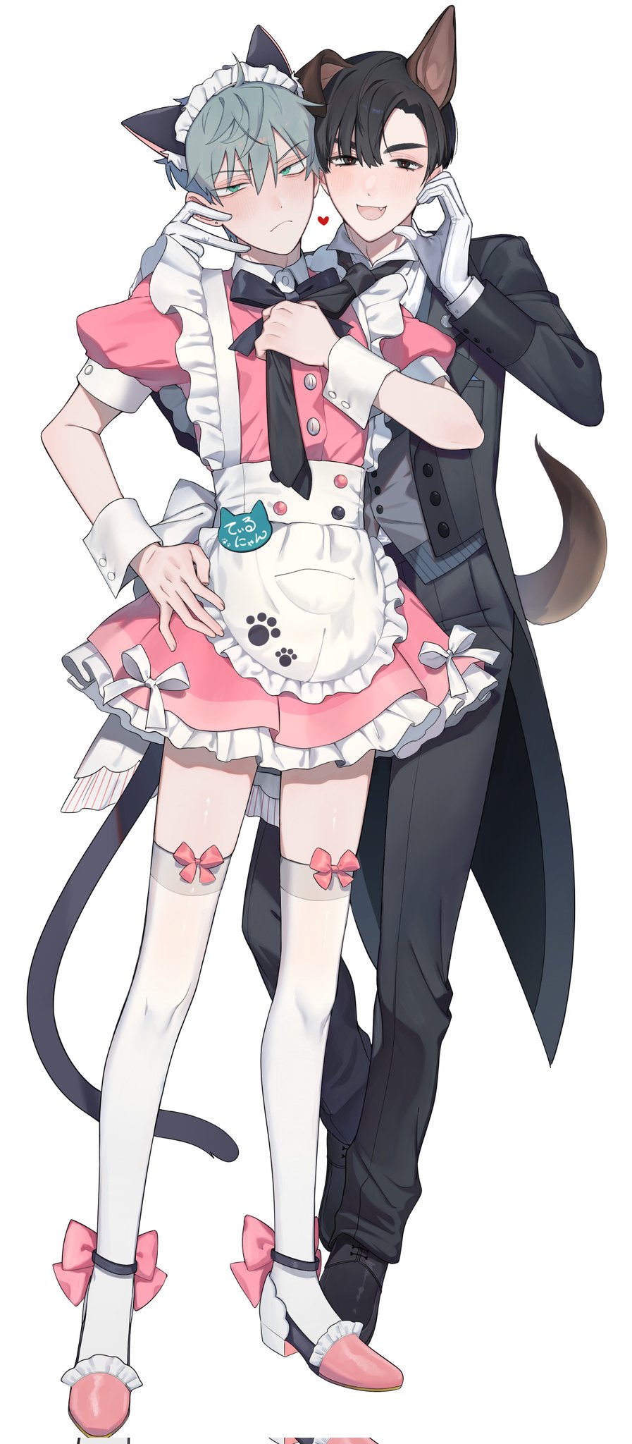 2boys, 4tsuba_kuma, alien_stage, alternate_costume, animal_ear_request, animal_ears, apron, black_bow, black_bowtie, black_coat, black_eyes, black_footwear, black_hair, black_pants, bow, bow_legwear, bowtie, cat_boy, cat_ears, cat_tail, closed_mouth, coat, coattails, commentary_request, corrupted_twitter_file, crossdressing, crossdressing_(mtf), dress, dress_bow, fang, footwear_bow, frilled_apron, frilled_dress, frills, frown, full_body, gloves, green_eyes, grey_hair, half-heart_hands, heart, highres, ivan_(alien_stage), maid, maid_apron, maid_headdress, male_focus, male_maid, multiple_boys, official_alternate_costume, open_mouth, pants, pink_bow, pink_dress, pink_shoes, shoes, short_hair, simple_background, smile, tail, tailcoat, thighhighs, till_(alien_stage), very_short_hair, white_apron, white_background, white_bow, white_gloves, white_thighhighs, white_wrist_cuffs, wrist_cuffs
