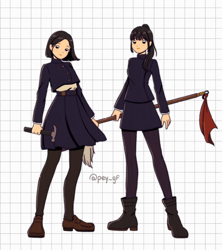 2girls, black_pantyhose, blunt_bangs, bob_cut, boots, commentary, cosplay, english_commentary