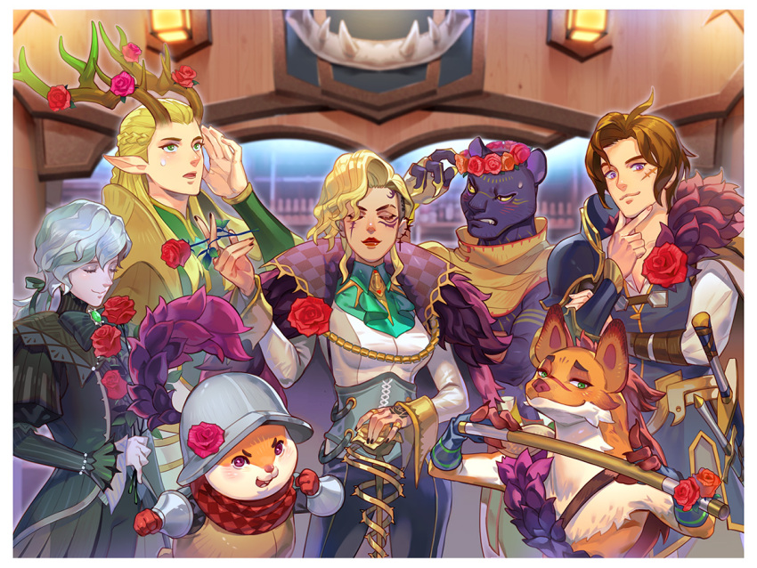 1girl, 6+boys, afk_(series), afk_journey, animal_ears, antlers, black_fur, black_pants