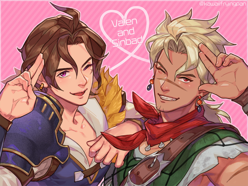 2boys, afk_(series), afk_journey, armor, blonde_hair, blue_shirt, brown_hair, earrings