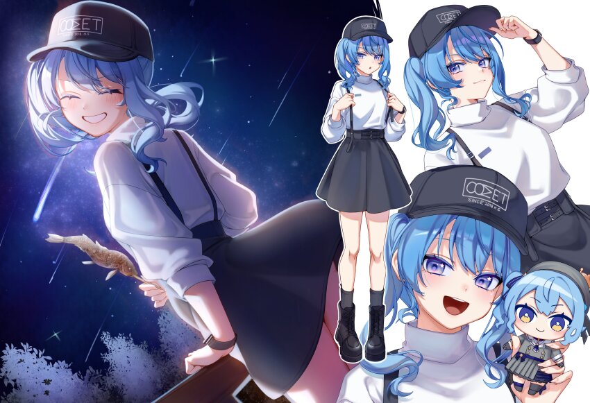 1girl, :d, :o, absurdres, alternate_costume, asymmetrical_sidelocks, baseball_bat, black_hat