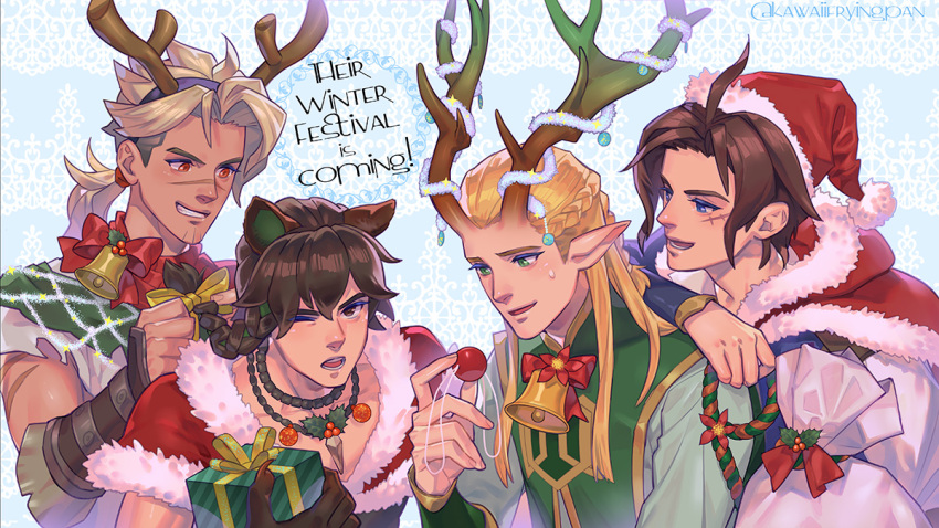 4boys, afk_(series), afk_journey, antlers, bell, blonde_hair, blue_eyes, braid