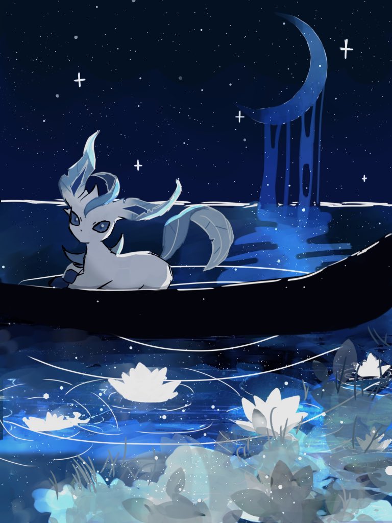 boat, brown_eyes, commentary_request, crescent, flower, gen_4_pokemon, grass, leafeon