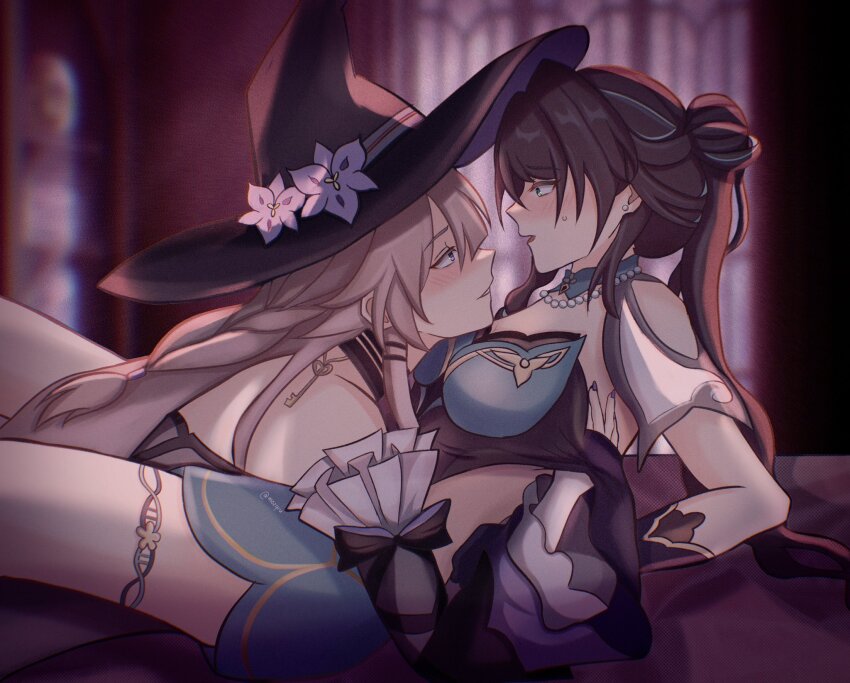 2girls, bare_shoulders, between_legs, blue_hair, blush, brown_hair, commentary, earrings