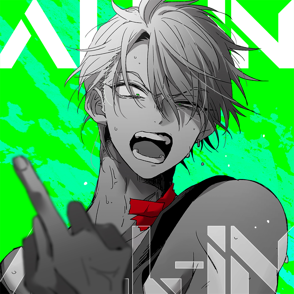 1boy, alien_stage, commentary_request, green_background, green_eyes, greyscale_with_colored_background, middle_finger, open_mouth