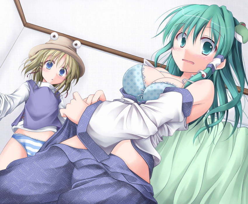 2girls, bare_shoulders, blonde_hair, blue_eyes, blush, bra, breasts, cleavage, detached_sleeves, female_focus, flat_chest, frog, green_eyes, green_hair, hair_ornament, hair_tubes, hat, kochiya_sanae, large_breasts, lingerie, long_hair, midriff, moriya_suwako, multiple_girls, muusu, no_pants, open_clothes, open_skirt, panties, polka_dot, polka_dot_bra, short_hair, skirt, snake, striped_clothes, striped_panties, touhou, underwear, undressing