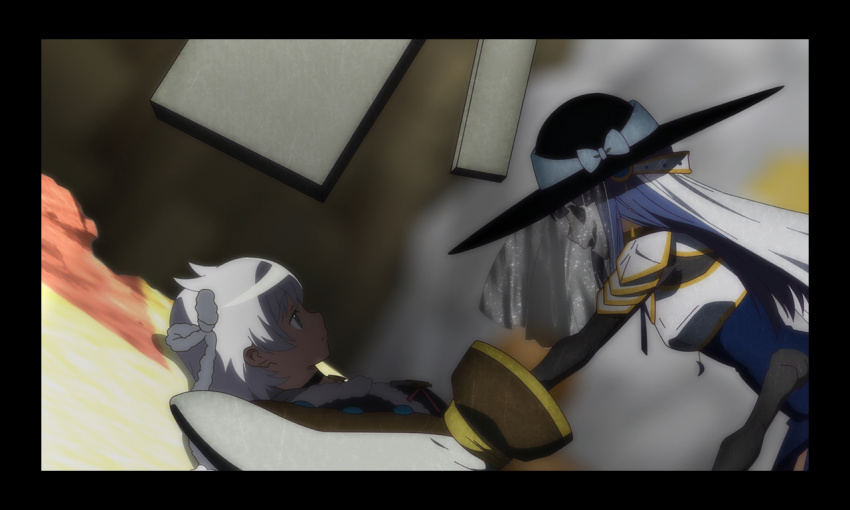 2girls, aqua_eyes, armor, artist_request, azusa_mifuyu, black_border, black_choker, black_hat, black_shirt, blue_bow, blue_dress, blue_hair, blurry, blurry_background, border, bow, brown_gloves, campanella_(madoka_magica), choker, depth_of_field, doppel_(madoka_magica), dress, evil_smile, extra_arms, face-to-face, from_side, frown, fur-trimmed_jacket, fur_ribbon, fur_trim, game_cg, gloves, grey_jacket, grey_ribbon, grey_veil, hair_horns, hair_ornament, hair_ribbon, hat, hat_bow, jacket, large_hat, long_hair, long_sleeves, looking_at_another, lying, magia_record:_mahou_shoujo_madoka_magica_gaiden, magical_girl, mahou_shoujo_madoka_magica, multiple_girls, nanami_yachiyo, official_art, on_back, open_mouth, parted_lips, pauldrons, ribbon, sad, see-through_clothes, see-through_veil, shadow, shirt, short_hair, shoulder_armor, sidelocks, sleeveless, sleeveless_dress, smile, straight_hair, sun_hat, tareme, turtleneck, turtleneck_shirt, upper_body, veil, white_hair, white_mask, white_veil