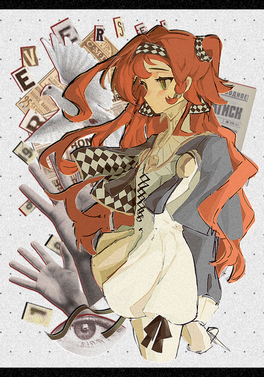 1girl, bird, checkered_hairband, collage, collared_dress, cowboy_shot, cropped_legs, disembodied_hand