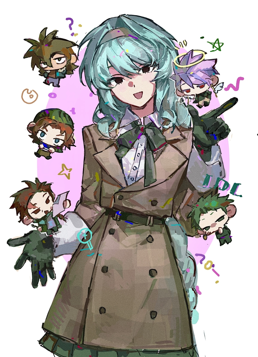 2girls, 4boys, ?, absurdres, annie_(saibou_shinkyoku), aqua_hair, artist_self-insert, black_eyes, blue_eyes, brown_coat, brown_hair, chibi, chibi_inset, chinese_commentary, coat, collared_shirt, commentary, commentary_request, detached_wings, dreyfus_zweig, english_commentary, film_grain, gloves, green_gloves, green_hair, green_ribbon, green_skirt, halo, happy_birthday, harada_minoru, highres, hiko_(xinjinjumin7714158), holding, holding_paper, isoi_reiji, long_hair, mixed-language_commentary, multiple_boys, multiple_girls, neck_ribbon, open_mouth, orange_hair, original, paper, pleated_skirt, ribbon, saibou_shinkyoku, scar, scar_on_face, scar_on_forehead, shirt, skirt, smile, star_(symbol), theodore_riddle, trench_coat, white_shirt, wings