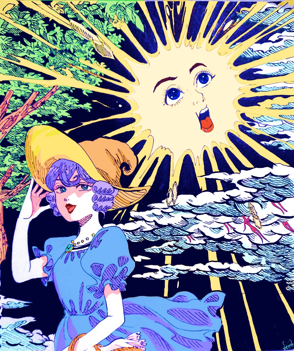 1girl, blue_dress, blue_eyes, chargeman_ken!, cloud, cloudy_sky, dark_background, dress