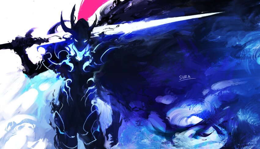 1other, armor, artist_name, aura, dark_aura, glowing, glowing_armor, glowing_eyes, greatsword, highres, igris_(solo_leveling), knight, solo, solo_leveling, standing, suracii, sword, weapon