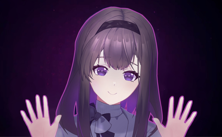 1girl, :>, absurdres, arknights, black_background, black_hairband, bow, brown_hair