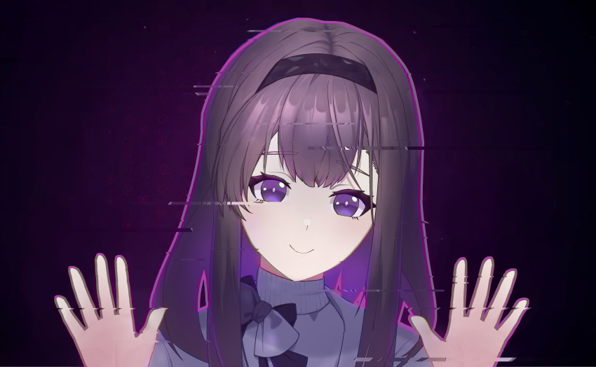 1girl, :>, absurdres, arknights, black_background, black_hairband, bow, brown_hair