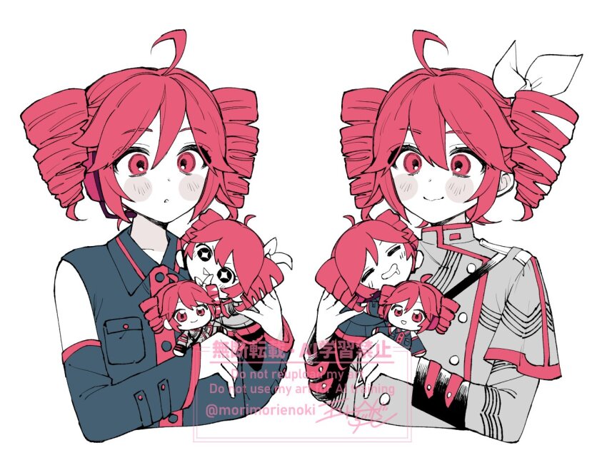 2girls, ahoge, blue_shirt, bow, breast_pocket, buttons, character_doll, collared_shirt