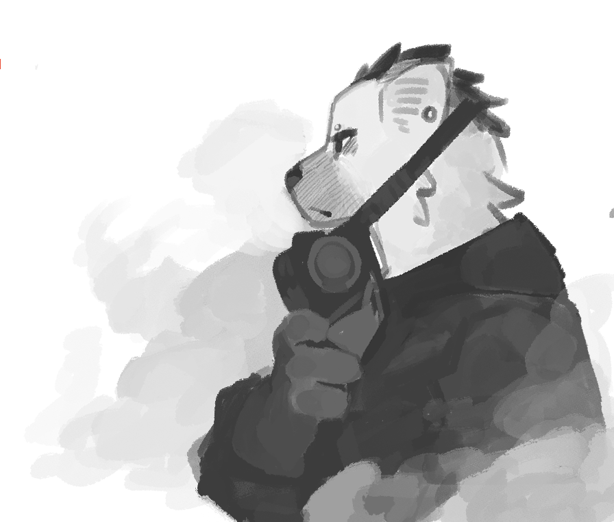 1boy, arknights, black_bodysuit, black_gloves, bodysuit, commentary_request, animal_nose, ear_piercing, eyebrow_piercing, face_piercing, furry, furry_male, gas_mask, gloves, grey_fur, guni_shi3, hazmat_suit, holding, holding_mask, hyena_boy, hyena_ears, looking_to_the_side, male_focus, mask, piercing, smoke, spot_(arknights), spot_(sulfur)_(arknights), white_background