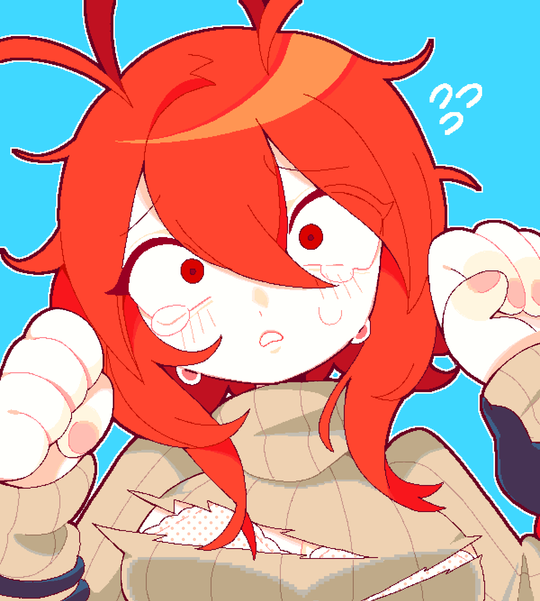 1girl, antenna_hair, bikini, blue_background, blush, breasts, brown_sweater, cleavage, clenched_hands, colored_skin, commentary, english_commentary, eyes_visible_through_hair, flying_sweatdrops, funamusea, hair_between_eyes, highres, implied_rape, jaggy_lines, large_breasts, lobco_(funamusea), looking_at_viewer, medium_hair, oounabara_to_wadanohara, parted_lips, pink_nails, polka_dot, polka_dot_bikini, pov, red_eyes, red_hair, scared, sidelocks, simple_background, sweater, swimsuit, tearryd, tears, torn_clothes, torn_sweater, turtleneck, turtleneck_sweater, white_bikini, white_skin, wide-eyed