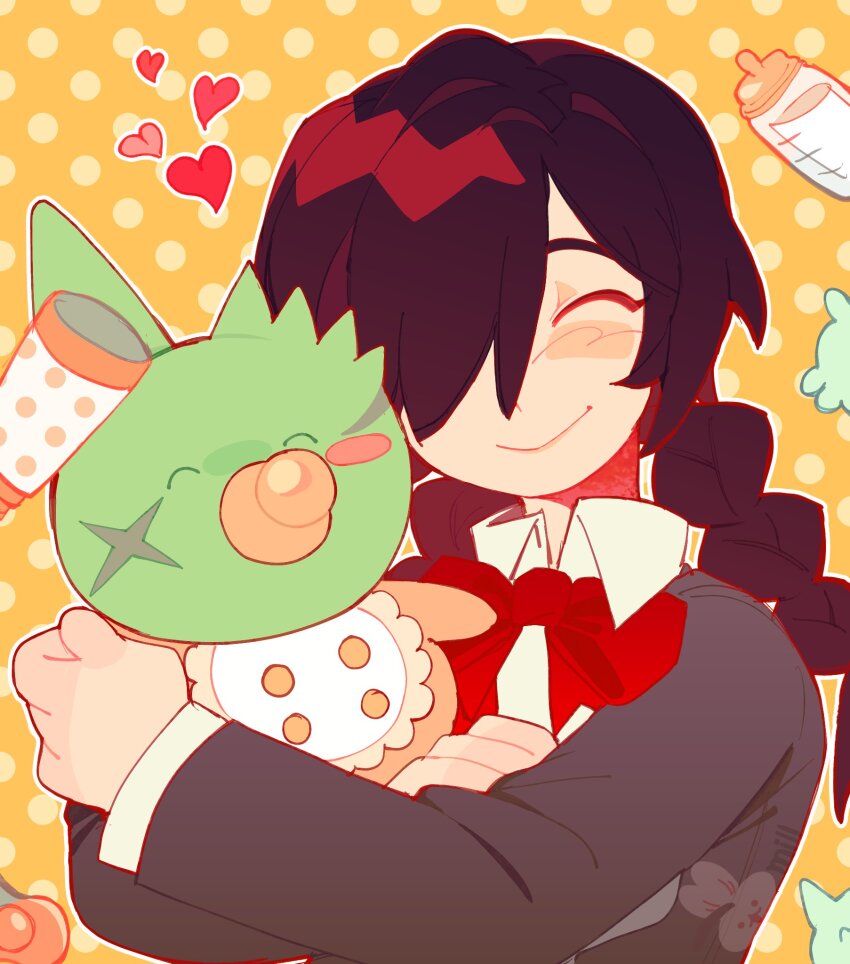 1girl, baby_bottle, bib, black_hair, blush_stickers, bottle, bow, bowtie, braid, brown_jacket, buttons, closed_eyes, closed_mouth, collared_shirt, commentary, defect_mogeko, english_commentary, funamusea, hair_over_one_eye, heart, highres, holding, jacket, kurai_yonaka, mogeko_(species), mogeko_castle, orange_background, outline, pacifier, polka_dot, polka_dot_background, red_bow, red_bowtie, shirt, single_blush_sticker, smile, tearryd, twin_braids, upper_body, watermark, white_outline, white_shirt