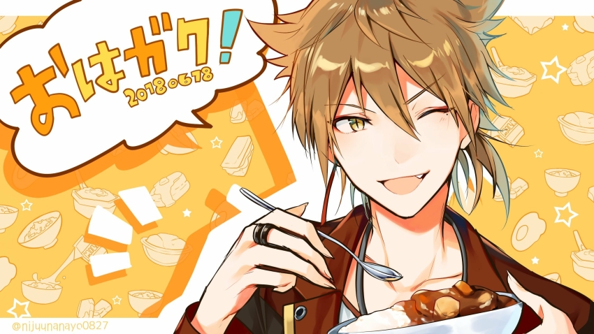 1boy, ;d, black_jacket, brown_eyes, brown_hair, collarbone, curry, curry_rice