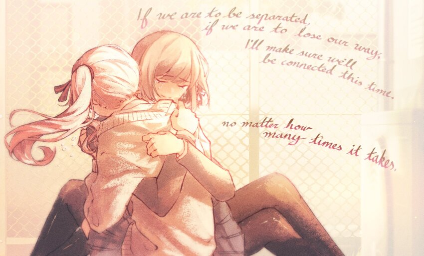 1girl, 1other, akiyama_mizuki, brown_hair, chain-link_fence, crying, fence, floating_hair