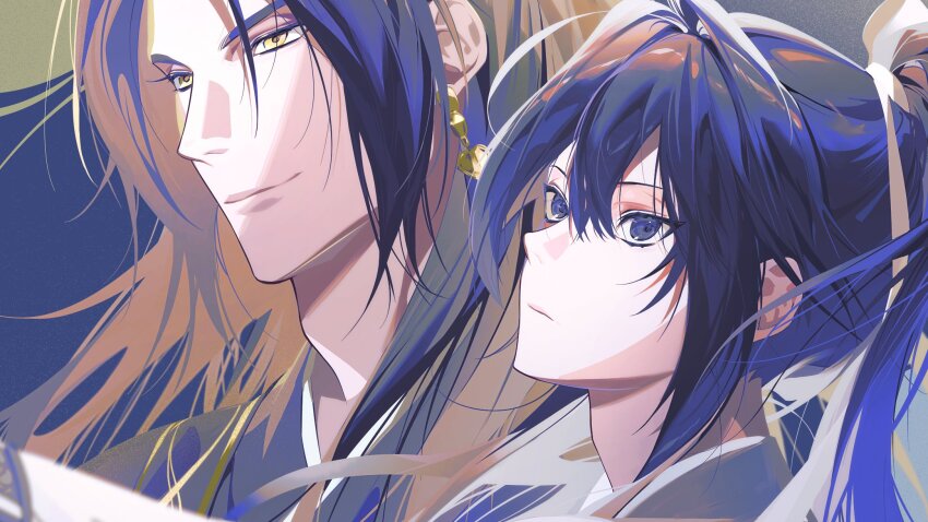 2boys, adam's_apple, black_hair, blue_eyes, closed_mouth, earrings, gold_earrings, hair_ribbon